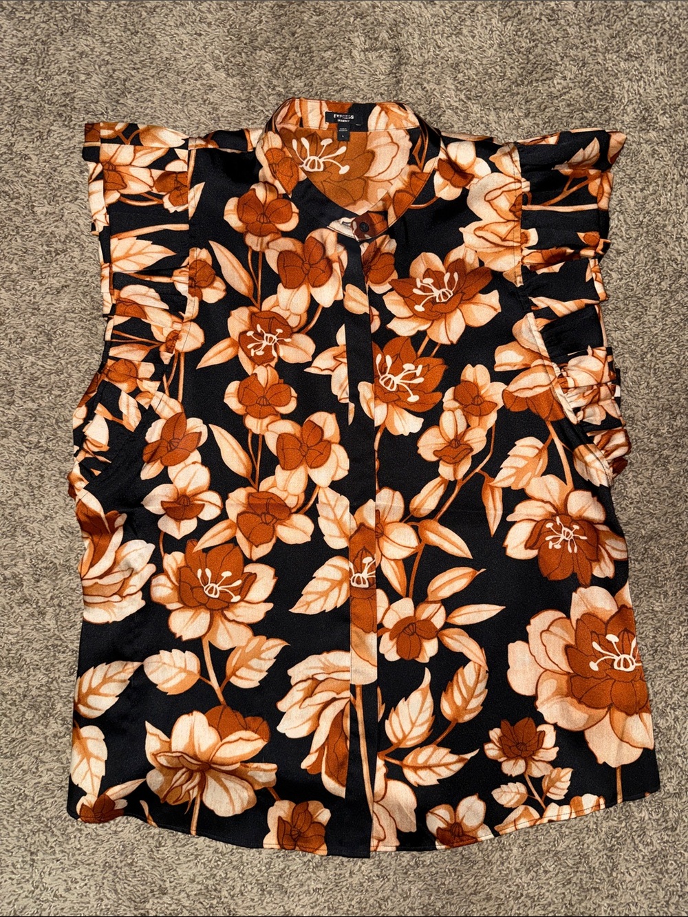 Express Floral Ruffle Sleeve Blouse - Black & Brown sz Large